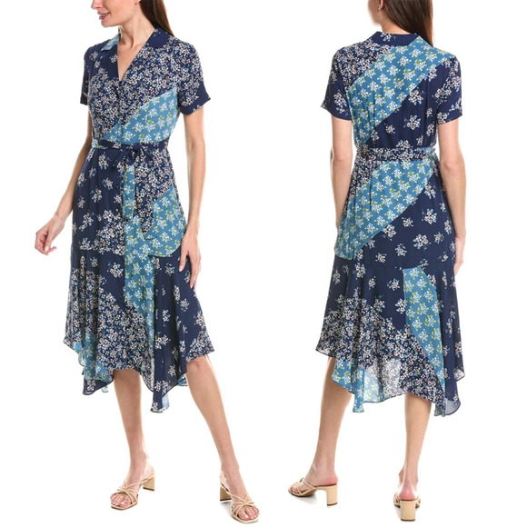 Nanette Lepore Floral Patchwork Print Shirt Midi Dress 2 Retro 50s Modest‎ Pinup - Picture 1 of 14